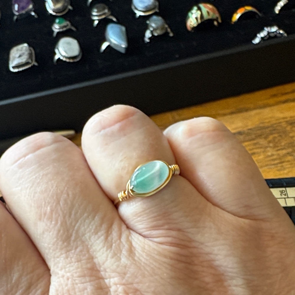 Aqua Green Fluorite wire wrapped gold ring